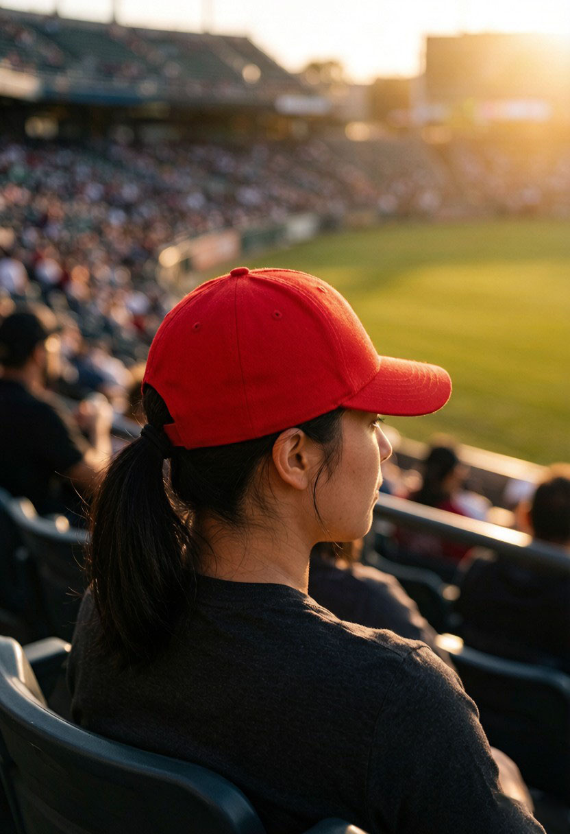Mujer con gorra roja en el estadio