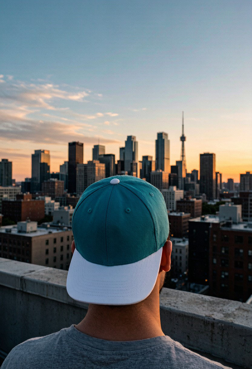 Gorra teal al atardecer